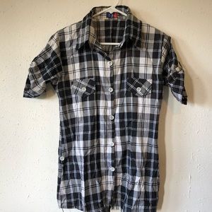 🔴NWOT Black White Plaid Button Up T-Shirt Top XL